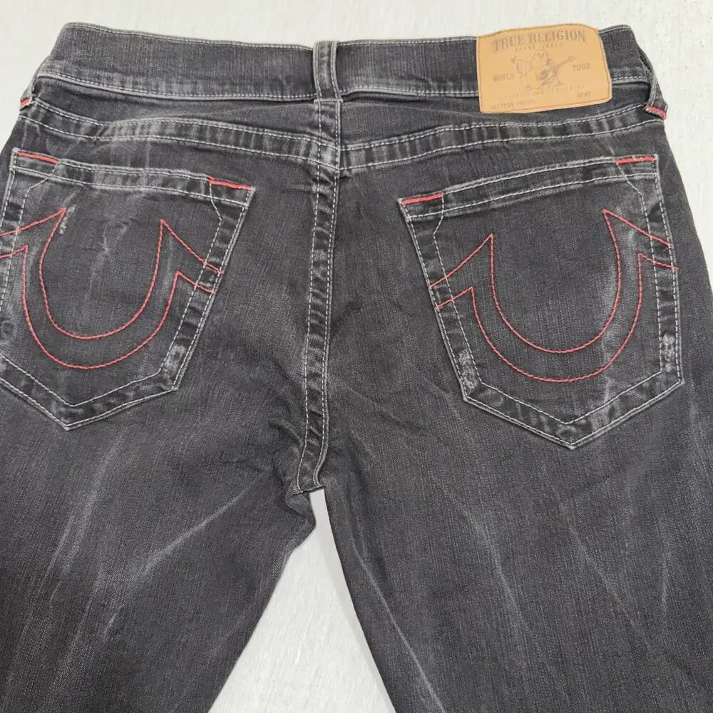True Religion Skinny Moto Black Jeans Mens 34x30 Distressed Biker Pants EUC